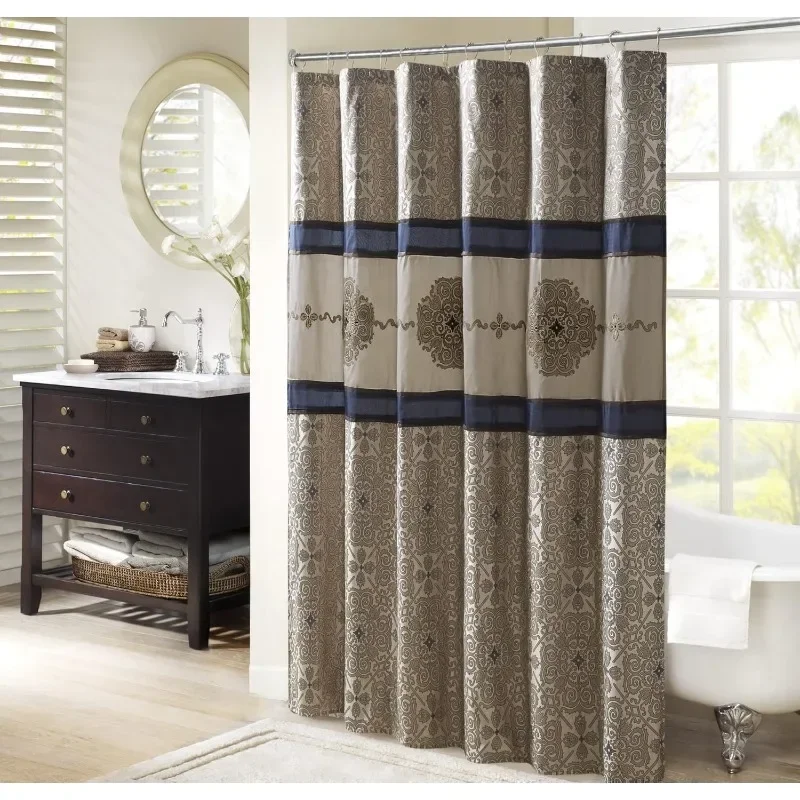 Embroidered jacquard woven design shower curtain, traditional bathroom decoration, fabric privacy screen