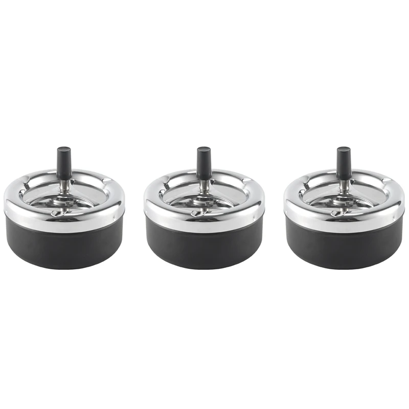 3X Round Push Down Cigarette Ashtray With Spinning Tray, Black