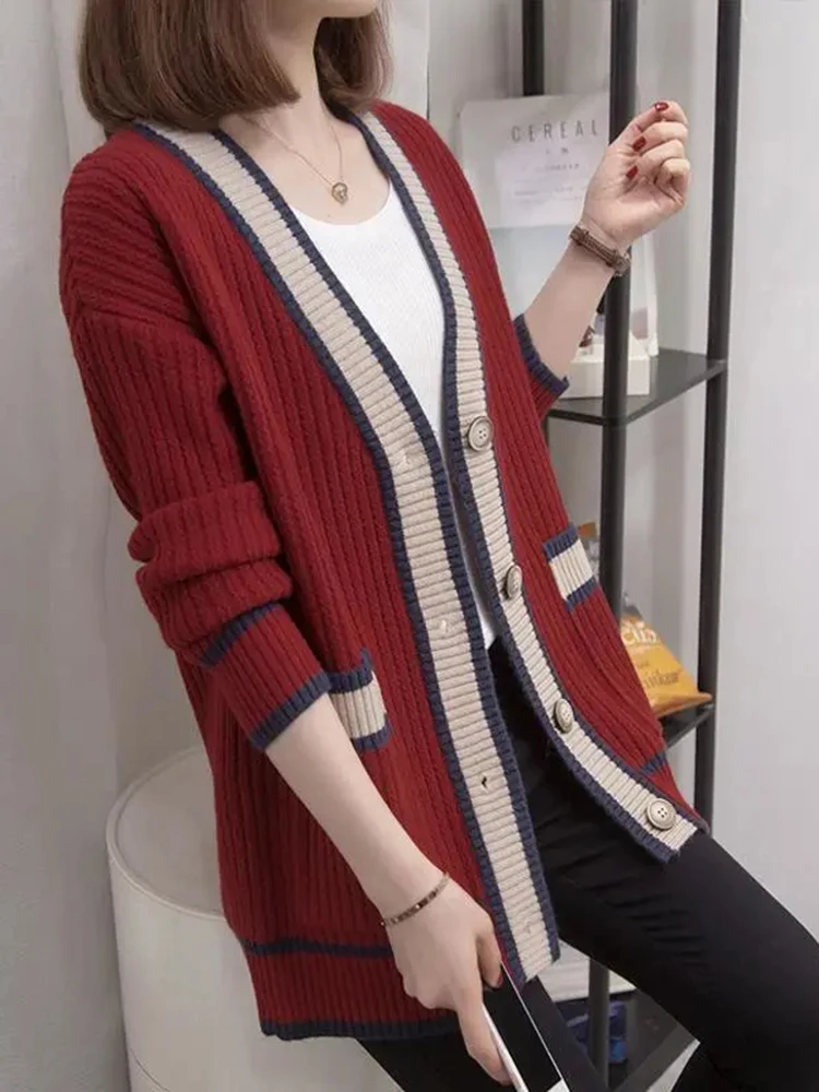 Korean Fashion Sweater Cardigan Women Loose Spliced Knitwears Coat Casual Mid Length Malhas Outerwears Elegant Soft Tops Jackets