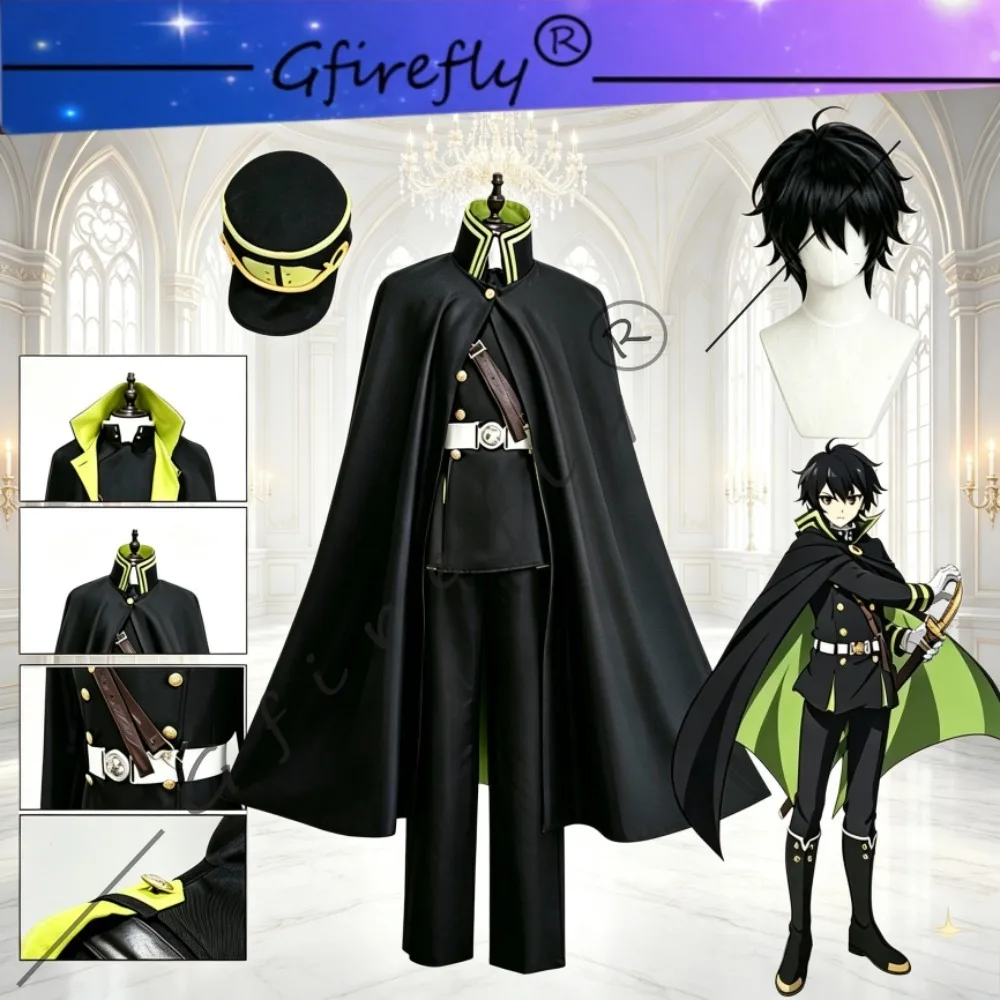 Disfraz de Cosplay de Seraph of The End Vampire Reign Yuichiro Hyakuya, Traje Completo con Capa, Sombrero, Accesorios, Peluca, Ropa de Anime para Juego de Roles