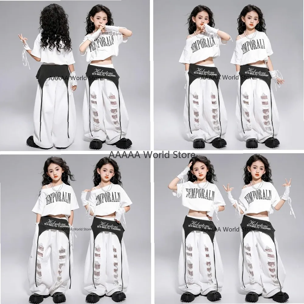 

Cosplay Kpop Hip Hop Crop Top and Distressed Pants Set for Girls Jazz Dance Casual Clothing