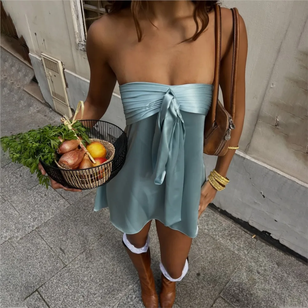Spring summer elegant slim dress solid color simple fashion street style sleeveless satin tube top strap low waist short dresses