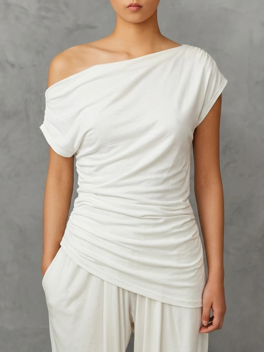 Freeacy Women White Asymmetric Off Shoulder Draped Cap Sleeve T-shirt Top Waist Ruched Twist Wrap Irregular Hem Casual Blouse