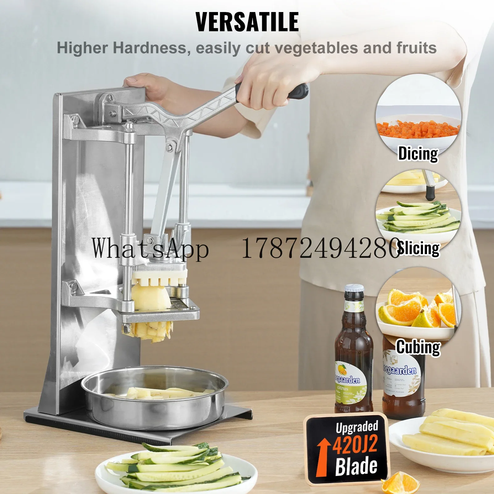Commercial French Fry Cutter SucceBuy with 4 Replacement Blades for Potato & Lemon, Extended Handle