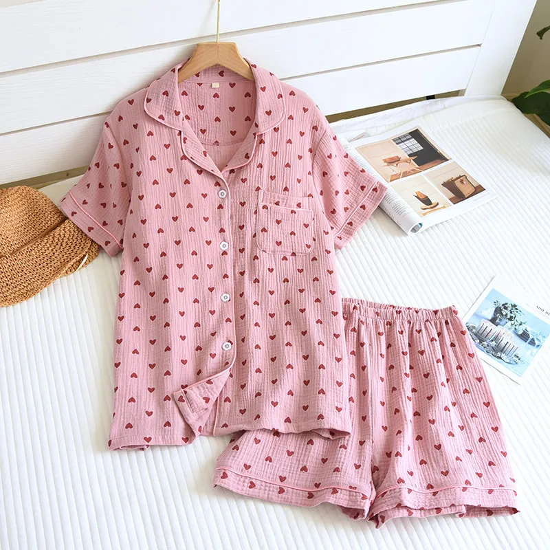 New summer women\'s pajamas short-sleeved shorts two-piece set 100% cotton crepe loungewear cute love breathable large size suit