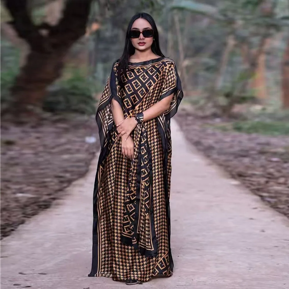 2025年 欧米風 新ファッション 通気性のあるサテン アフリカンプリント ゆったり カジュアル サマードレス レディース ポリエステル 春