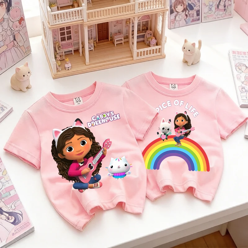 

Gabbys Dollhous Cotton T-shirt Girl Toddler Short Sleeve Anime Kawaii Print Kids Tees Streetwear Casual Child Cute Clothing Tops