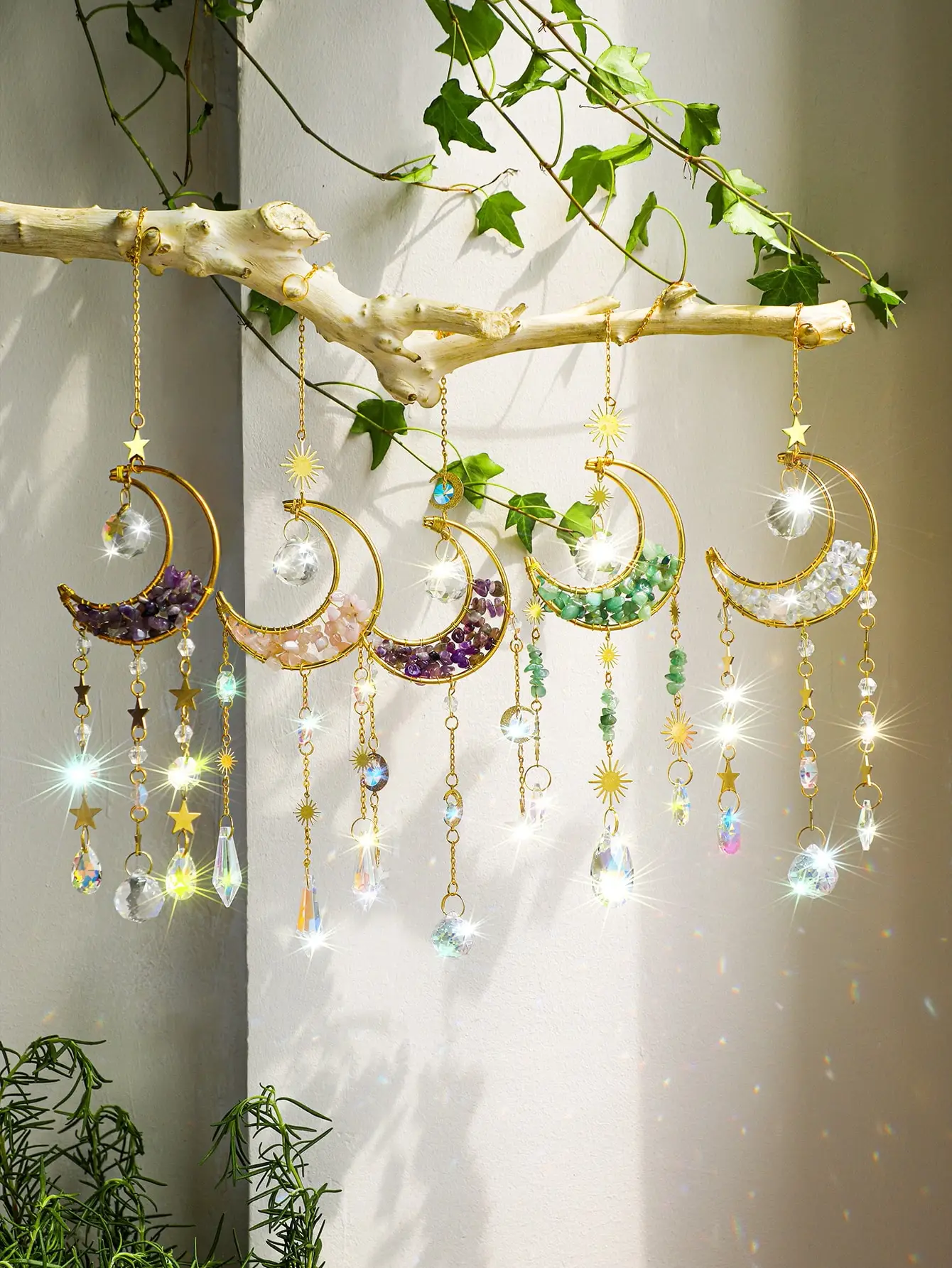 Natural Moon Crystal Suncatcher Ornament With Colorful Prism Pendant For Garden Patio Porch Balcony Window Home Decoration Gift