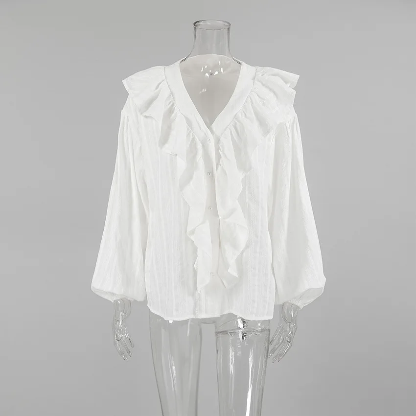 المرأة الخامس الرقبة تكدرت قميص 100% القطن الفرنسية أنيقة قمصان بيضاء ربيع الخريف موضة غير رسمية تخفيف مخطط بلوزة جاكار