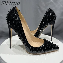 Tikicup Full Spikes Women Black Patent Pointed Toe Extremely High Heels Sexy Ladies Club Party Stiletto Shoes Punk Rivets Pumps