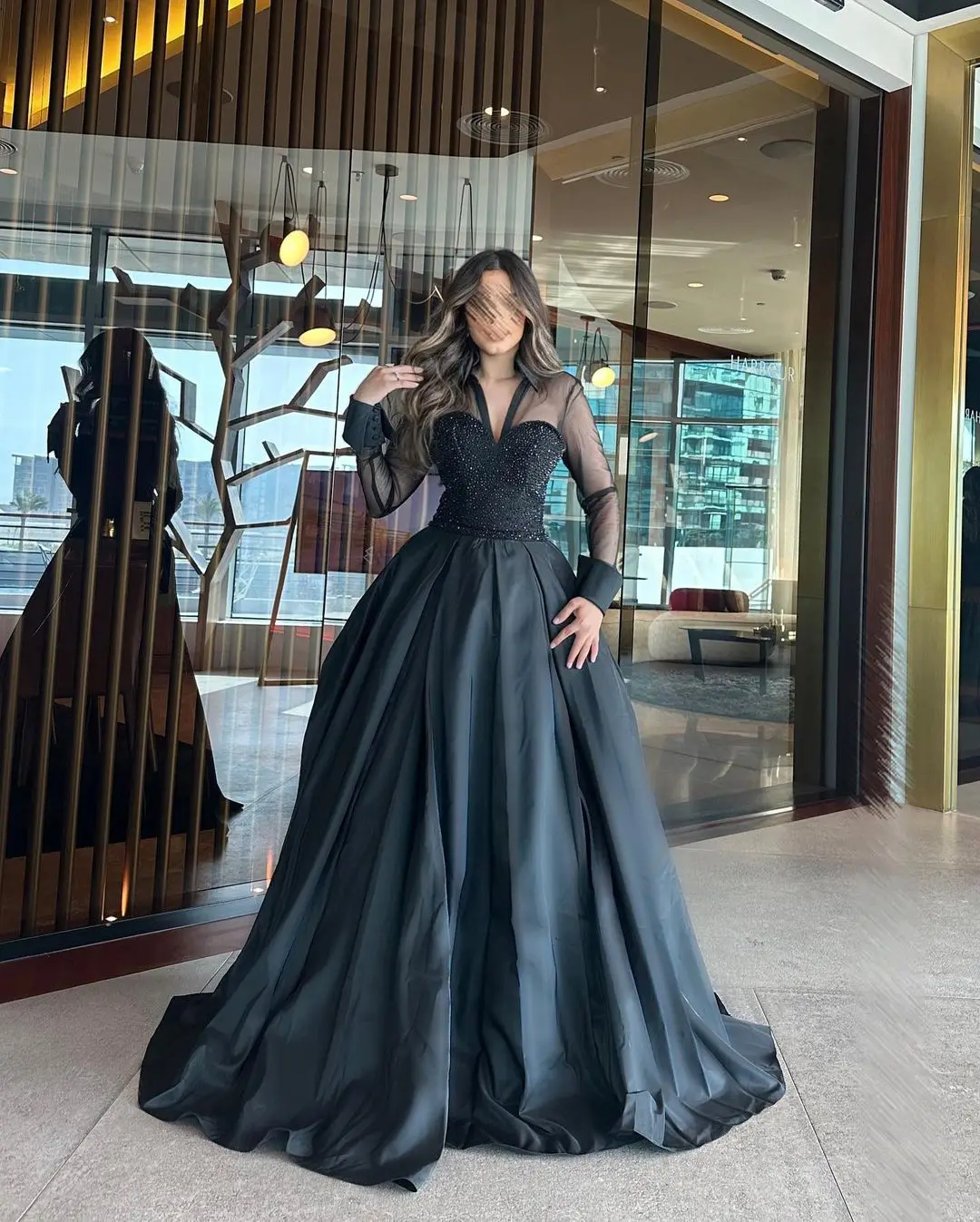 

V-neck Evening Dresses For Prom Tulle Long Sleeves A-Line Floor-length Arabia Formal Dresses Romantic vestidos de graduación