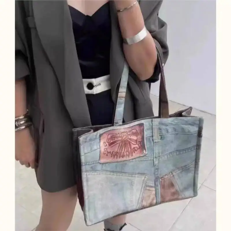 Bloom Vintage Large Capacity Tote Bag Women New High Street Patchwork Casual Handbag Purse Female Retro Shoulder Bags Bolsos