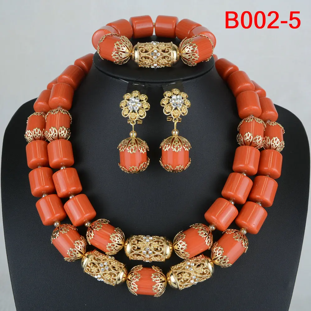 High Quality 2 Layers Artificial Coral Bead African Wedding Jewelry Set Women Necklace Nigeria Bride Party Gift