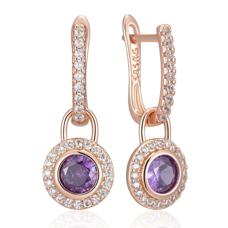 Kinel Sparkling Purple Round Natural Zircon Drop Earrings for Women Fashion 585 Rose Gold Color Vintage Party Daily Jewelry