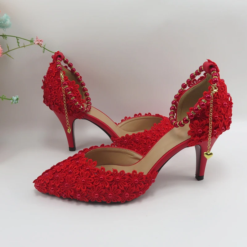 Red Pearl Flower Wedding Shoes With Matching Bags High Heels Pointed Toe Ankle Strap Ladies Party shoe and bag set