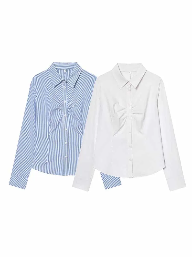 HH mujer primavera desplazamientos moda solapa manga larga decoración plisada Slim Fit camisa versátil mujer Casual Tops cómodos