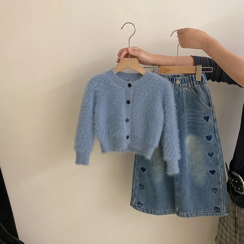 

Korean Winter Kids Girls Clothes Set Blue Fluffy Toddler Girls Sweater Cardigan Fleece Thick Warm Love Denim Pant For Baby Girls