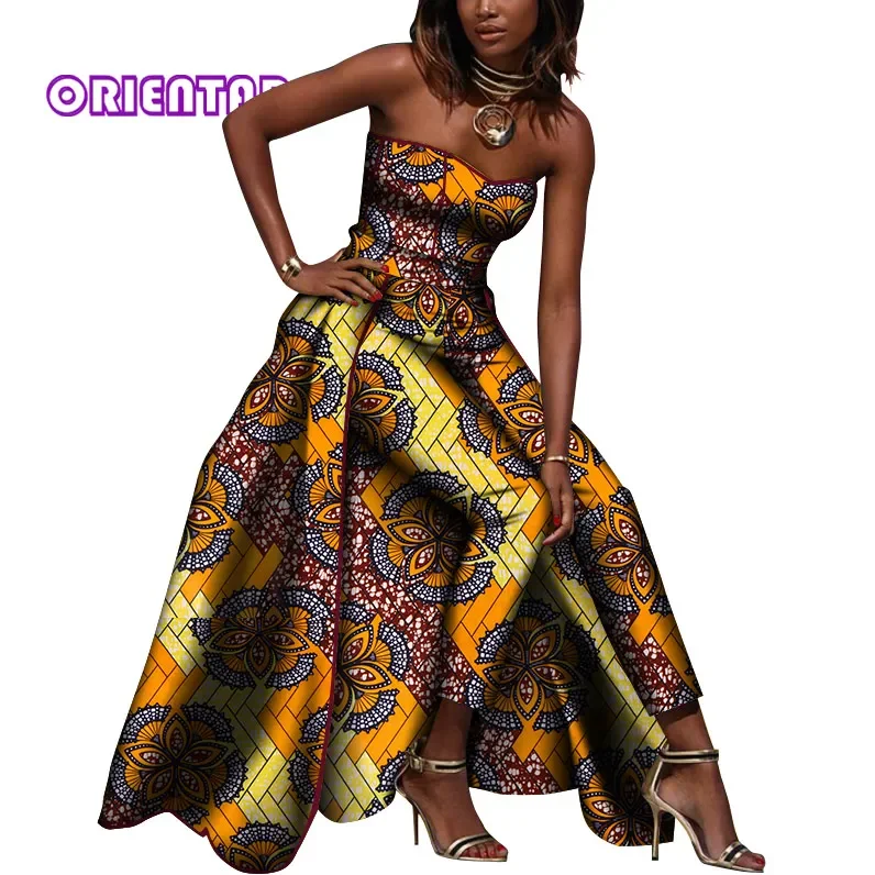 Fashion African Clothes for Women Off Shoulder Jumpsuits with Tail Bazin Riche Print Pants Lady Long Rompers Party WY8030