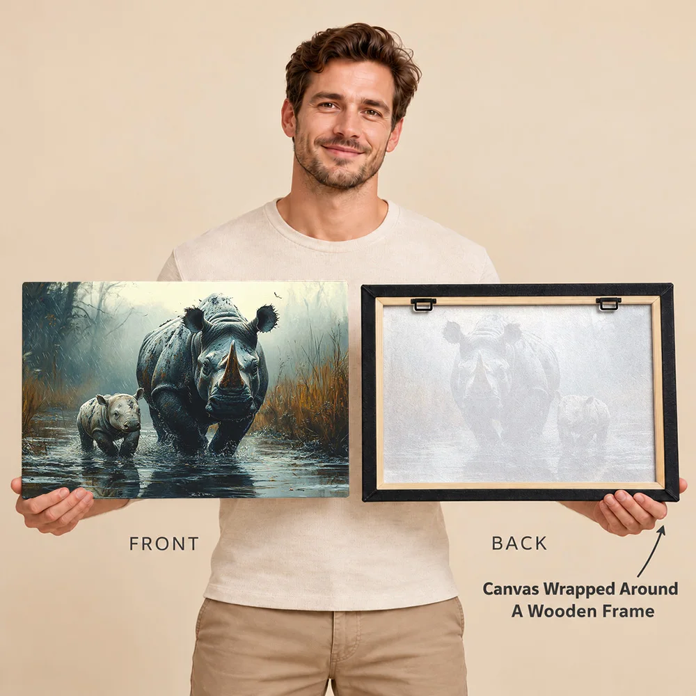 Rhino Mother And Calf In Rain Gallery Wrapped Canvas Print Customized Photo Rainy Wildlife Brushwork Wall Art For Living Room