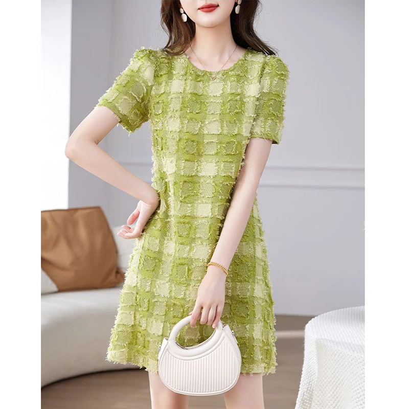 

Fashion O-Neck Loose Plaid Short Sleeve Dress Women's Clothing 2024 Summer New Short Sleeve Office Lady Princess Dress