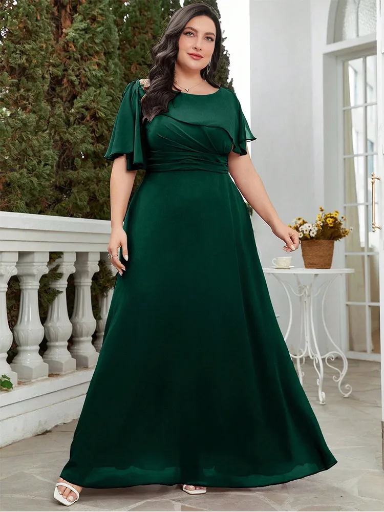 Plus Size Round Neck Chiffon Bridesmaid Evening Dress 4XL 5XL Big Size Women\'s Chiffon Floor Standing Evening Dress