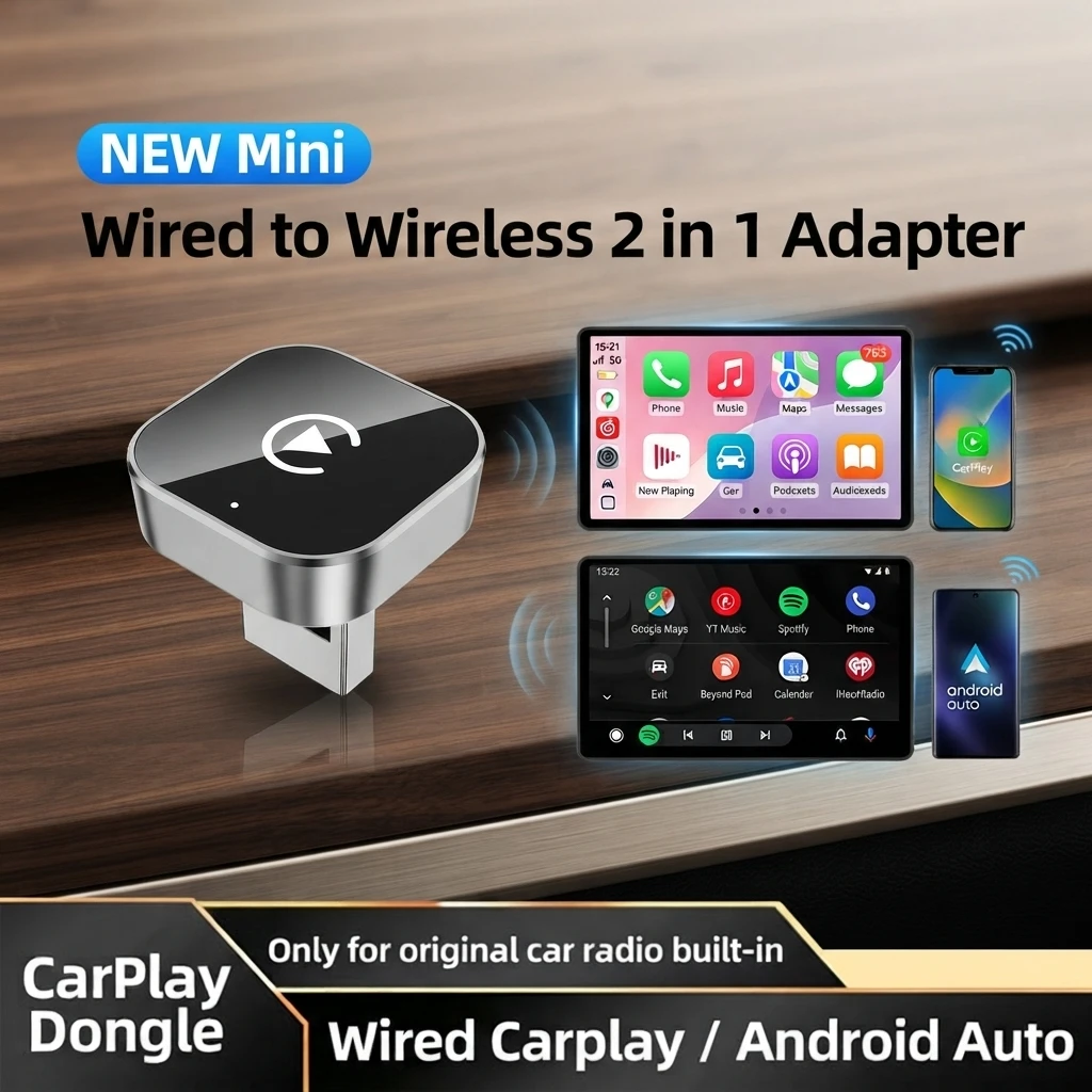 2026 2-in-1 Mini Smart Car Adapter, Wireless CarPlay & Wireless Android Auto Dongle, Equipped with Dual USB-A & Type-C Ports