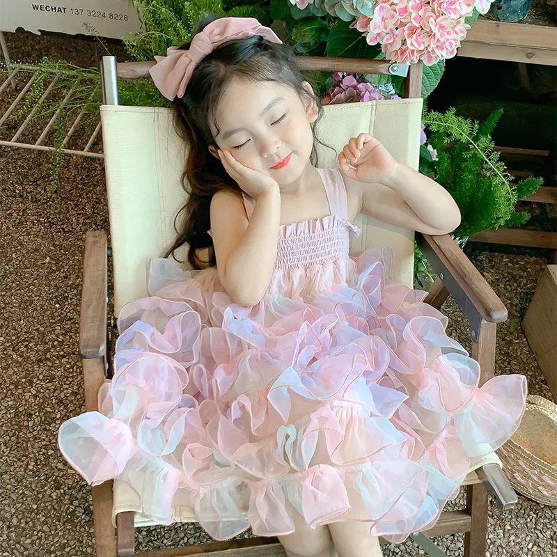 

Girls Skirt 2025 Summer New Childrens Clothing Korean Girl Baby Suspenter Lace Puffy Princess Skirt Casual Sweet Temperament