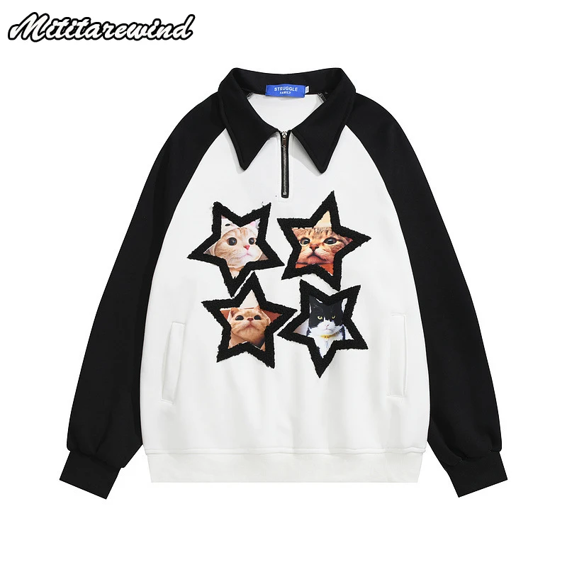 High Street Chic Casual Youth Couple Hip Hop Streetwear Preppy Style American Men's Stars Print Spliced Sleeve Sweatshirts Polo