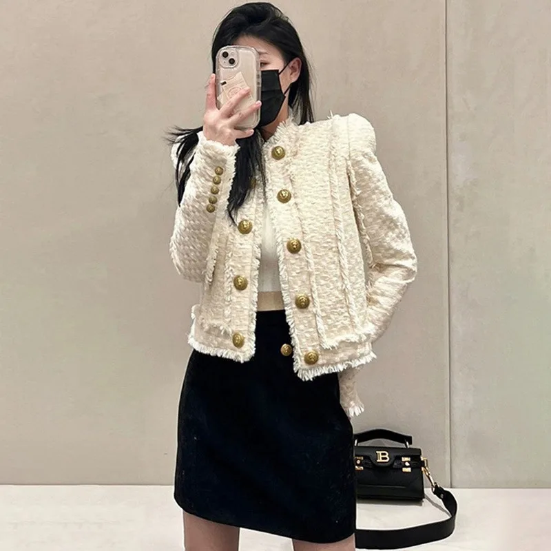 Autumn Winter Fragrant Double Row Gold Button Thick Tweed Wool Short Coat Women\'s Fashion Classic Jackets