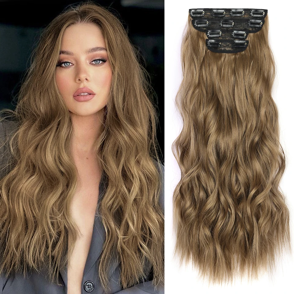 Clip in Synthetic Hair Extensions Long Wavy 4PCS Thick Hairpieces Black Fiber Natural Hair Extensions 20 Inch for Women Girls