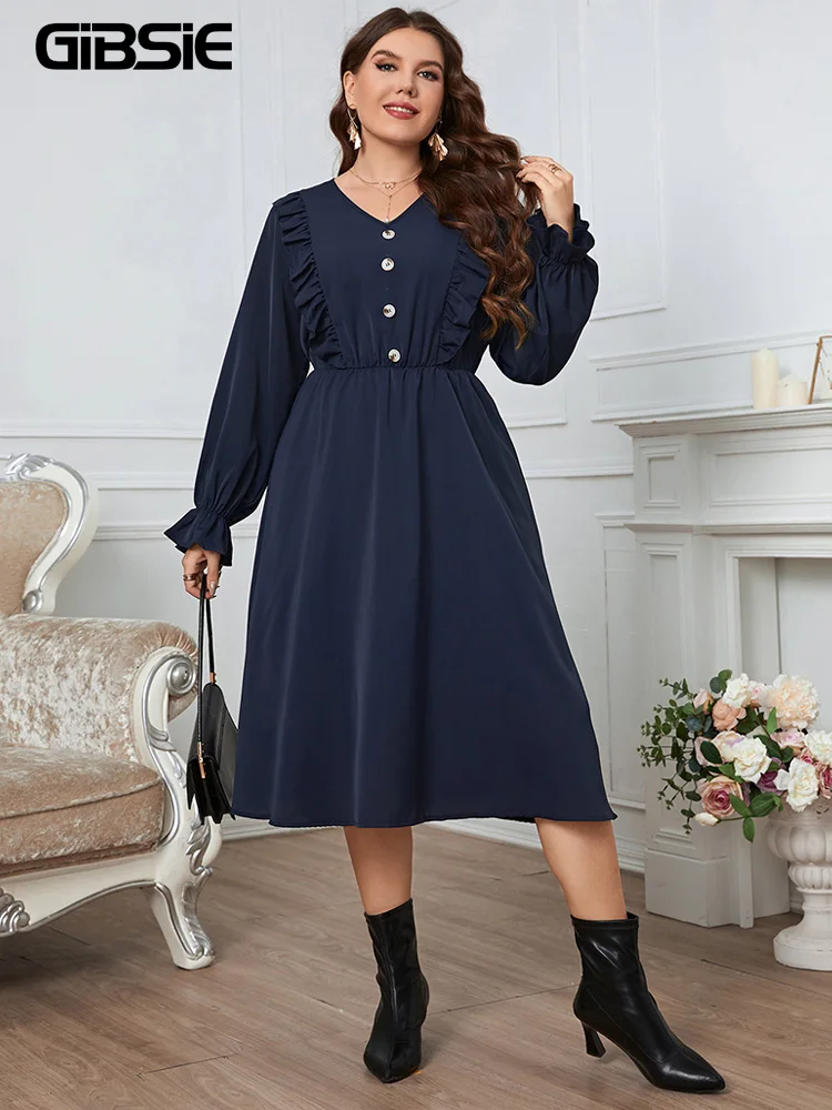 GIBSIE Plus Size Solid Button Front Frill Trim Midi Dresses Women Spring Fall Casual Long Sleeve Female Elastic A-Line Dress