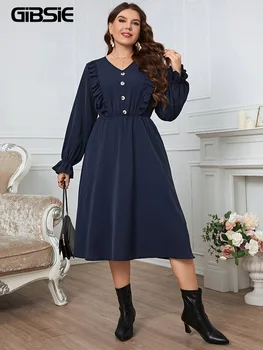 GIBSIE Plus Size Solide Taste Vorne Rüschen Trim Midi Kleider Frauen Frühling Herbst Casual Langarm Weibliche Elastische A-Line Kleid