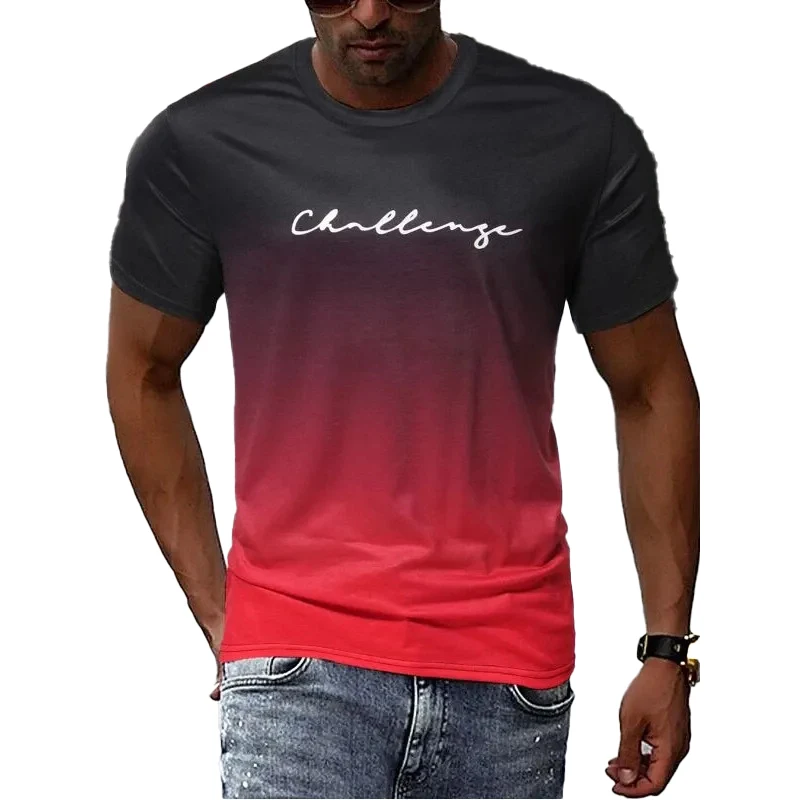 

Men's Casual T-shirt Cool Street Gradient Text Art Summer Print Round Neck Pullover Men's Top