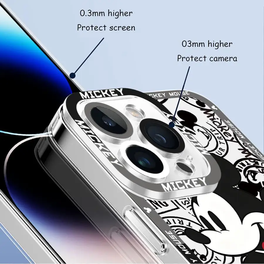 Disney Mickey Mouse Phone Case for iPhone 14 Pro Max SE 15 16 Pro XR XS Max 7 8 12 11 Pro 13 Mini Transparent Soft Funda