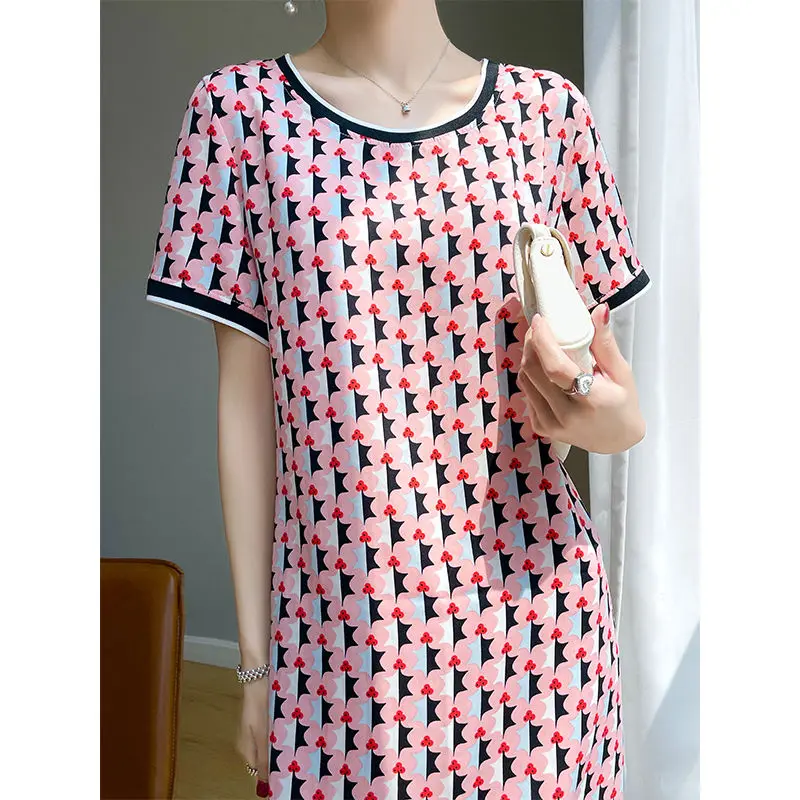 Fashion Printing Midi Dress Ladies Korean Temperament Floral O-neck Short Sleeve Midi Dress Women Clothes Loose Elegant Dress