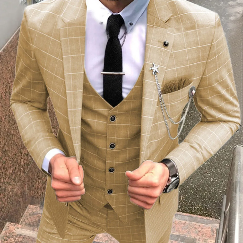 

Men's Plaid Suits Prom Tuxedos 3 Piece Solid Notch Lapel Tuxedos For Wedding Grooms(Blazer+vest+Pants) Blue/Champagne