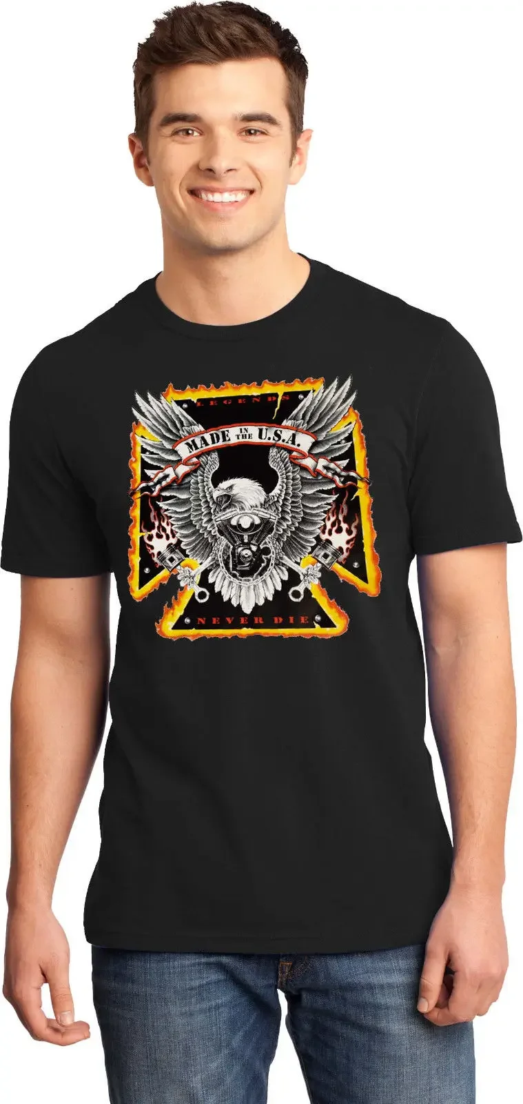 Legends Never Die. Road Riding Motorcyclist Eagle Cross T Shirt. New 100% Cotton Short Sleeve O-Neck T-shirt Casual Mens Top