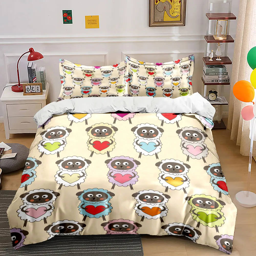 Cartoon sheep holding colorful hearts Print Soft Comfortable Duvet Cover Bedding Set Included 1*Duvet Cover 2*Pillowcases