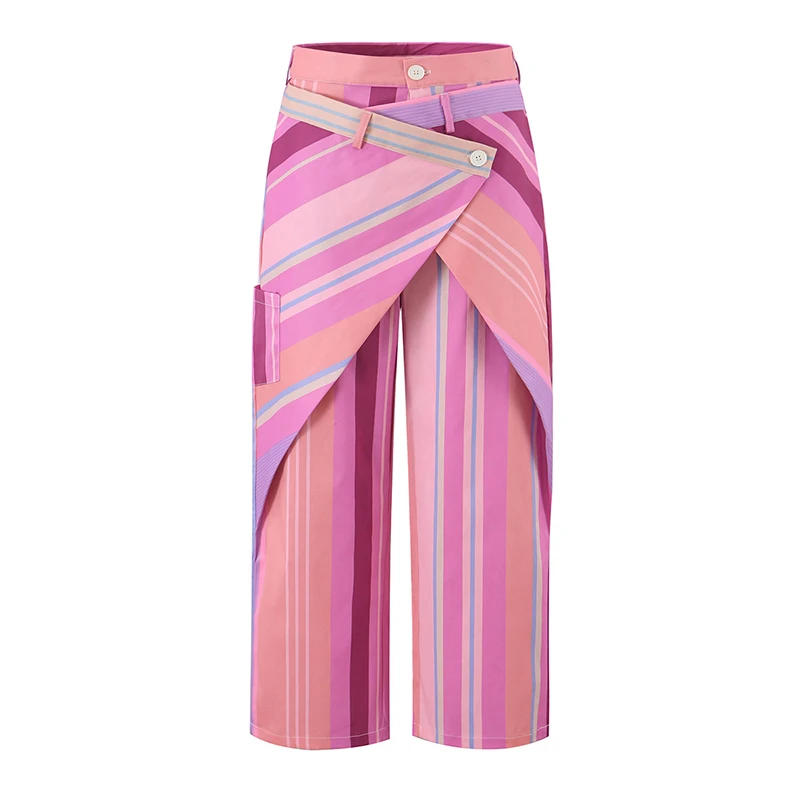 YENKYE Women French Multi Stripe Wrap Overlay Wide Leg Pants Asymmetric Cross Front Summer Trousers Casual Vacation Bottom