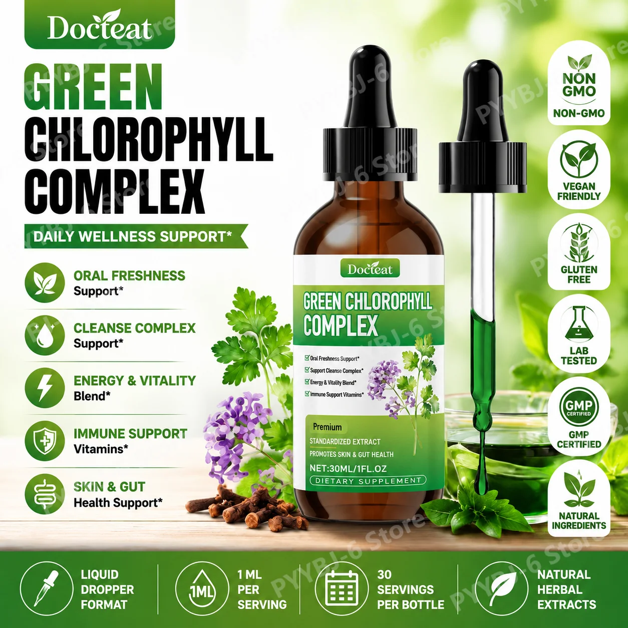 

Docteat Green Chlorophyll Complex Liquid Dropper Sodium Copper Chlorophyllin & Vitamin C Clove & Parsley Extracts, 30 ML