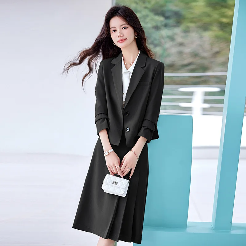 2024 Women Fashion Two-Piece Set Vintage Tweed Single Breasted Blazer Female Short Jacket Pleated Skirt Chic Suit Ladies Outfits