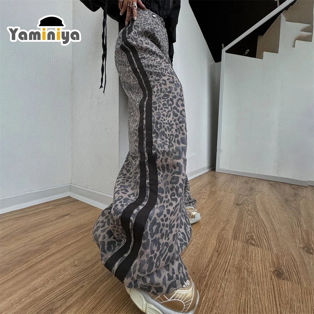 

Yaminiya Autumn Women's Casual Wide Leg Leopard Pants Street pants Striped Vintage American style Sweatpants Women's pants 2024