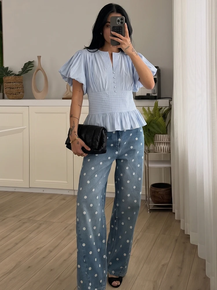 

HH Women's Elegant Puff Sleeve Ruffle Shirts 2026 Summer Casual Chic Female Short Sleeve O-Neck Slim Party Button Blouse