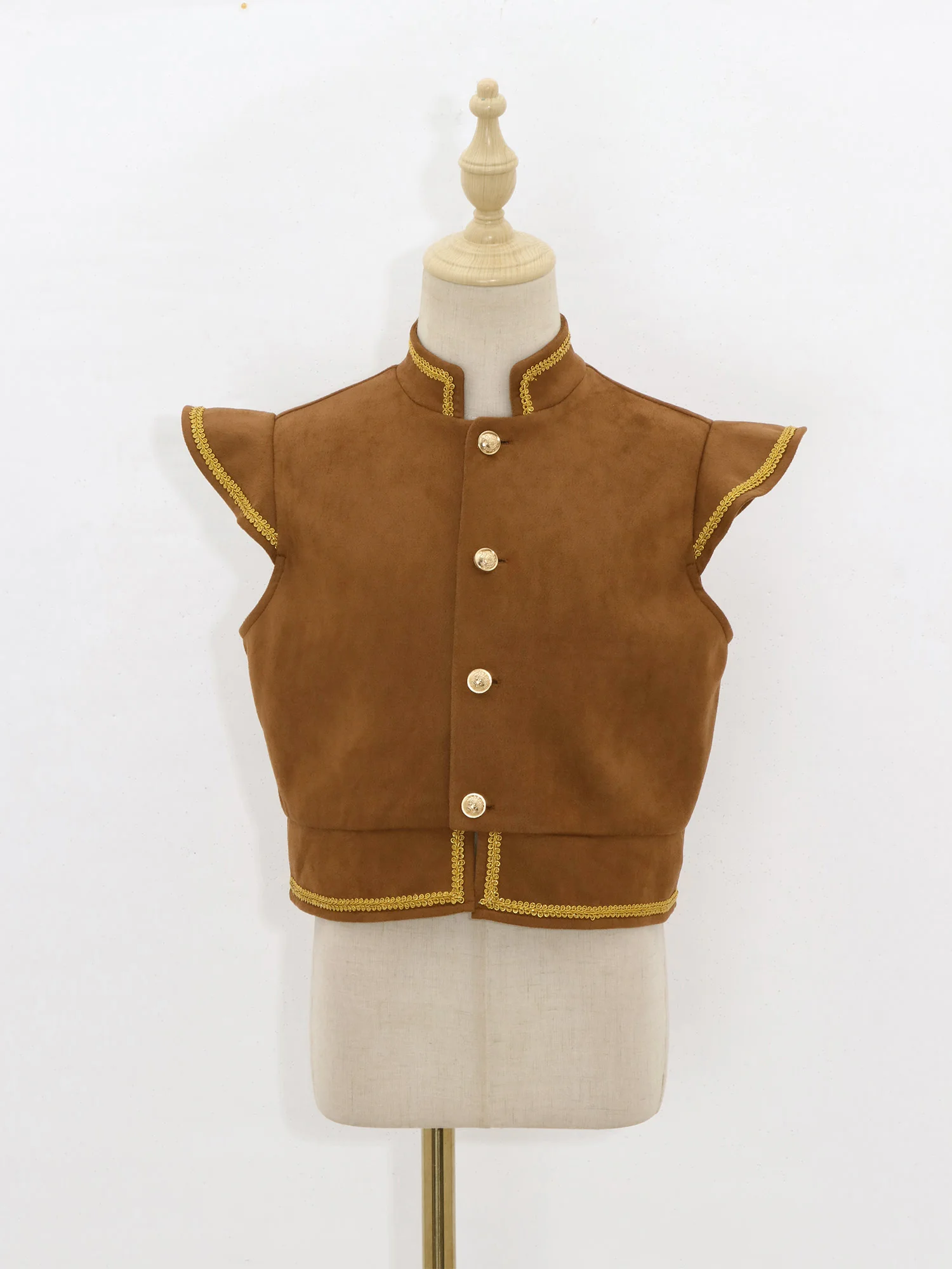 Kids Boys Medieval Renaissance Costume Prince Faux Suede Waistcoat Cap Sleeve Button Gold Trim Vest  for Halloween Theme Party view 4