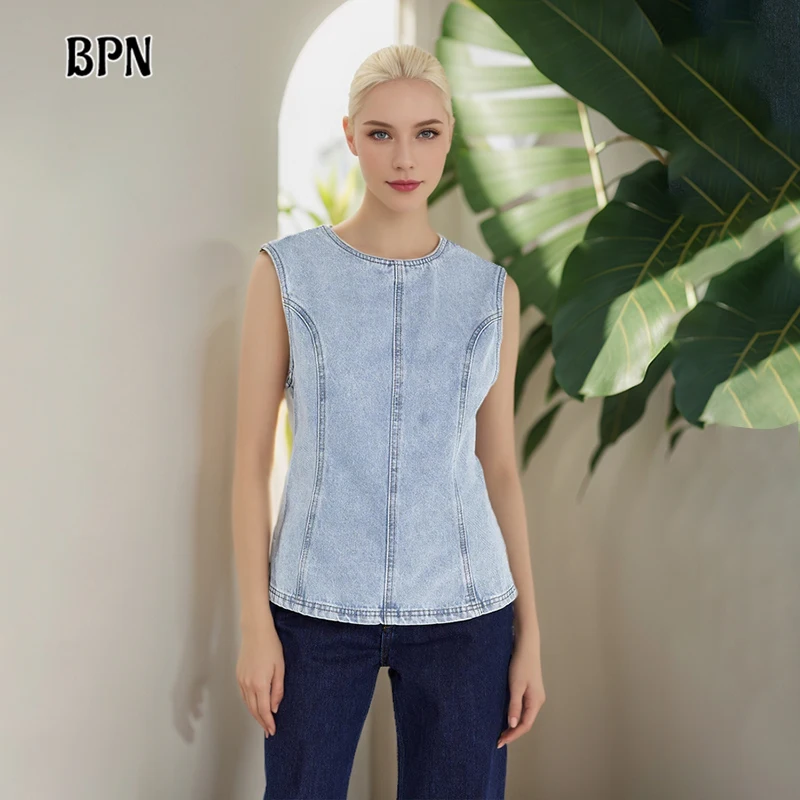 

BPN Casual Soild Vests For Women Round Neck Sleeveless Backless Patchwork Belts Minimalist Tank Tops Female Fashion Summer Style