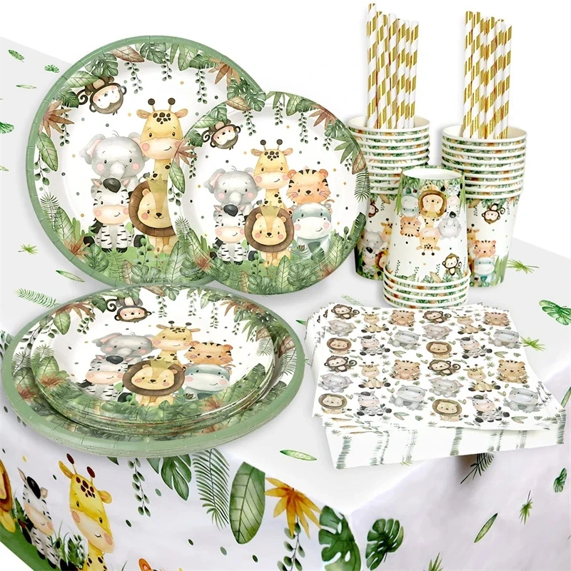 Forest Animal Party Decoration Lion Tiger Disposable Tableware Paper Plates Cups Birthday Baby Shower Kids Favor Party Supplies