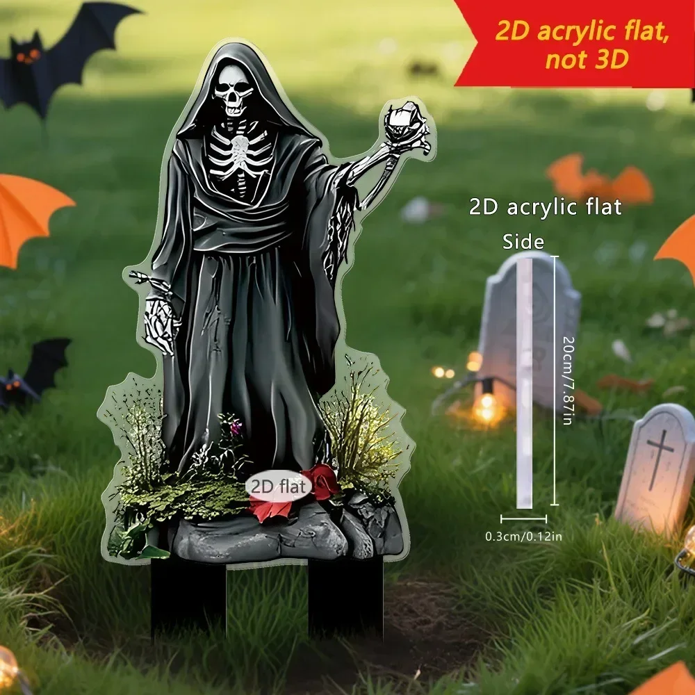 Grim Reaper Statue 2D Flat Acrylic Craft Garden Pot Ground Stake Halloween Horror Series Outdoor Yard Layout Party Decor