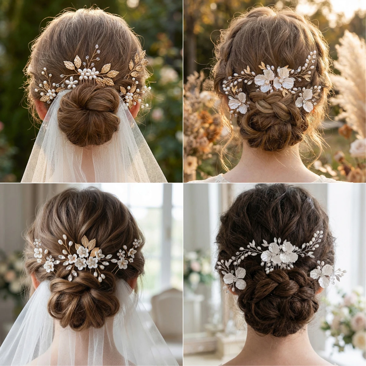 3Pcs/Set Elegant Handmade Pearl Flower Wedding Hair Combs Pins for Brides Gold Leaf Bridal Headpiece Hair Jewelry Accessories