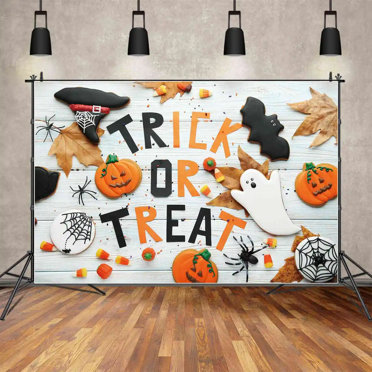 

MOON.QG Backdrop Halloween Trick Or Treat Banner Background Custom Baby Party Photo Booth Wood Board Spider Web Bat Ghost Props