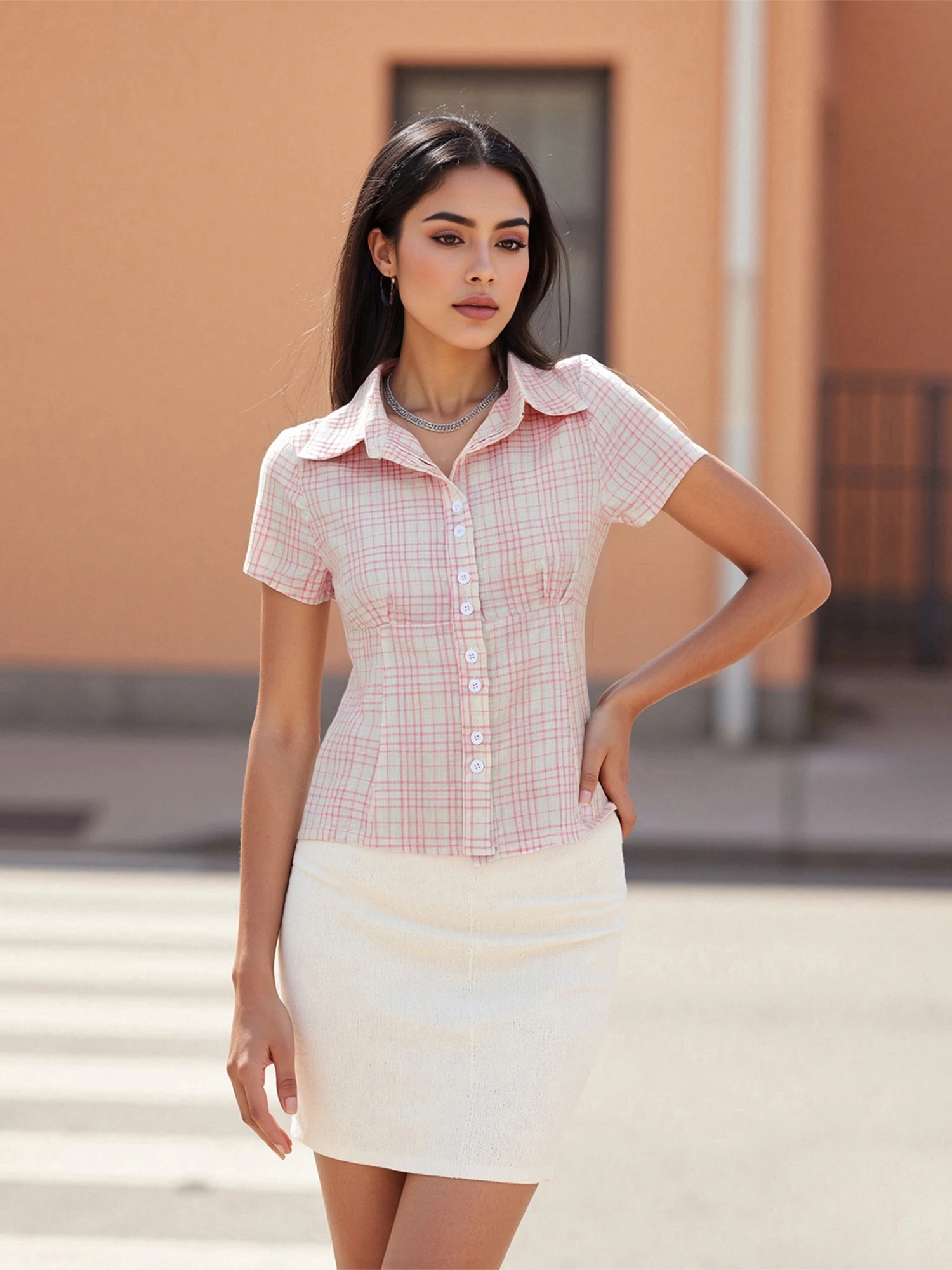 قميص نسائي منقوش بأزرار وأكمام قصيرة وياقة مناسبة بلوزة صيفية غير رسمية